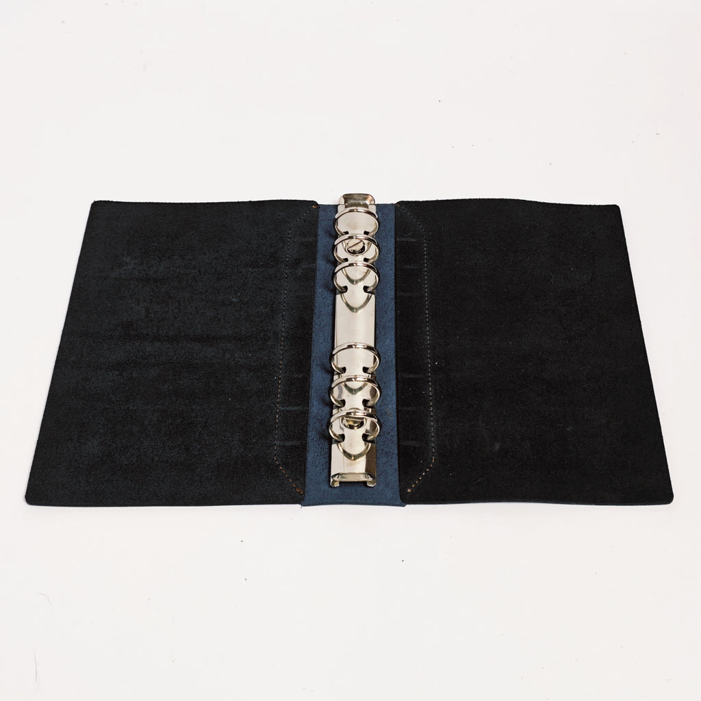 "The Urban Elite" Premium A6 Personal 6-Ring Top-Grain Leather Binder - Charcoal Black & Deep Navy